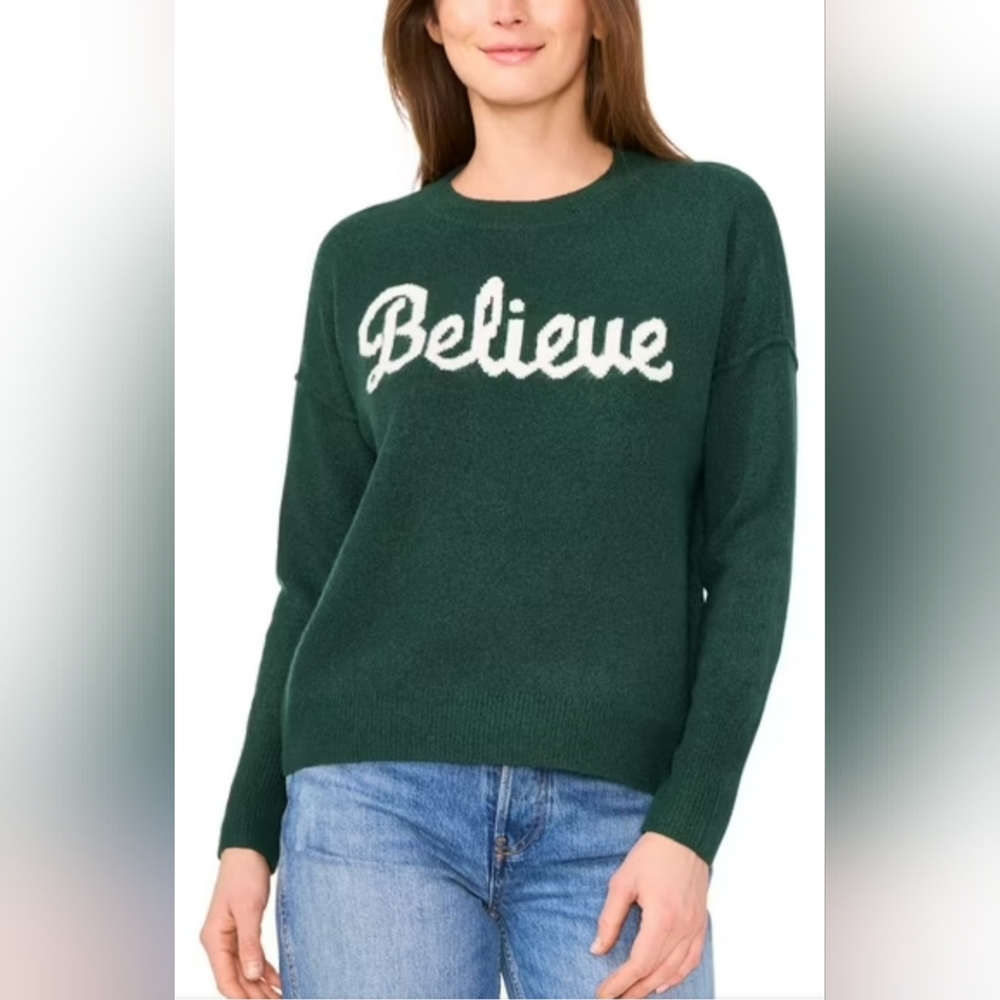 New Vince Camuto Crewneck Sweater With 'Believe' Script
